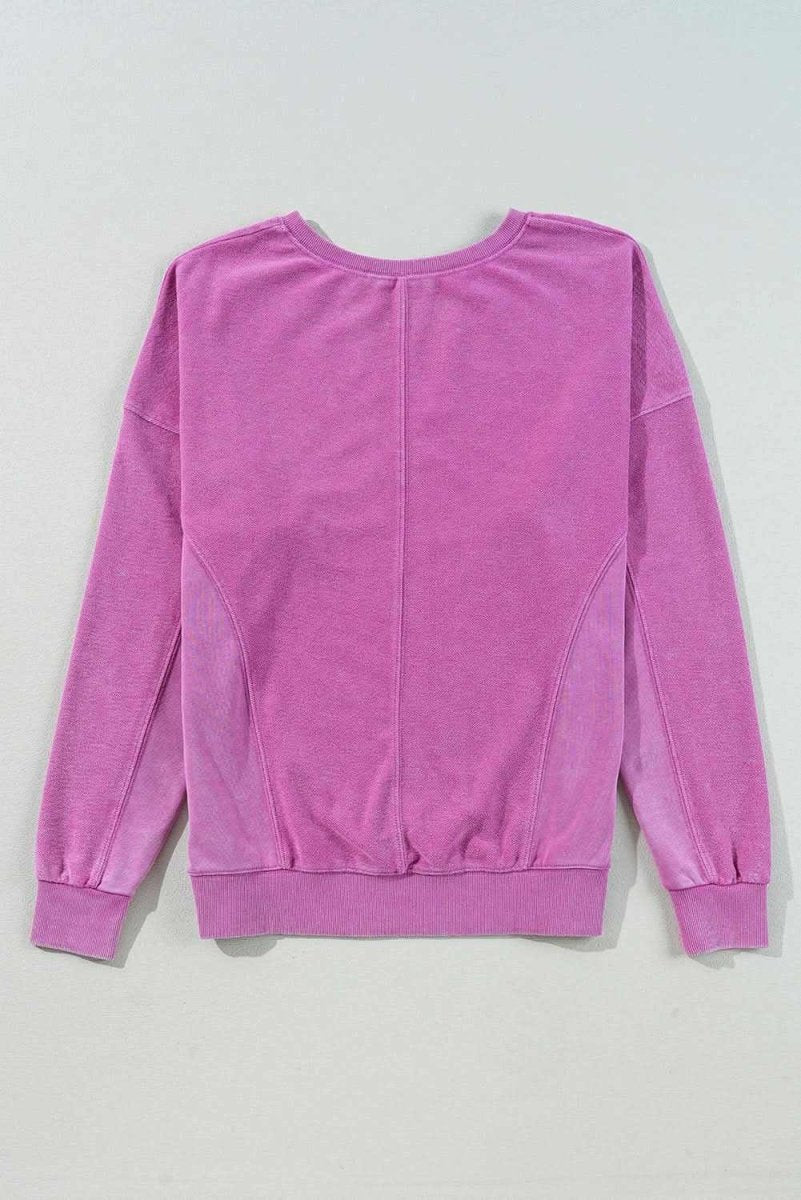 Bright Pink Solid Color Notched Neck Drop Shoulder Sweatshirt - Love Salve
